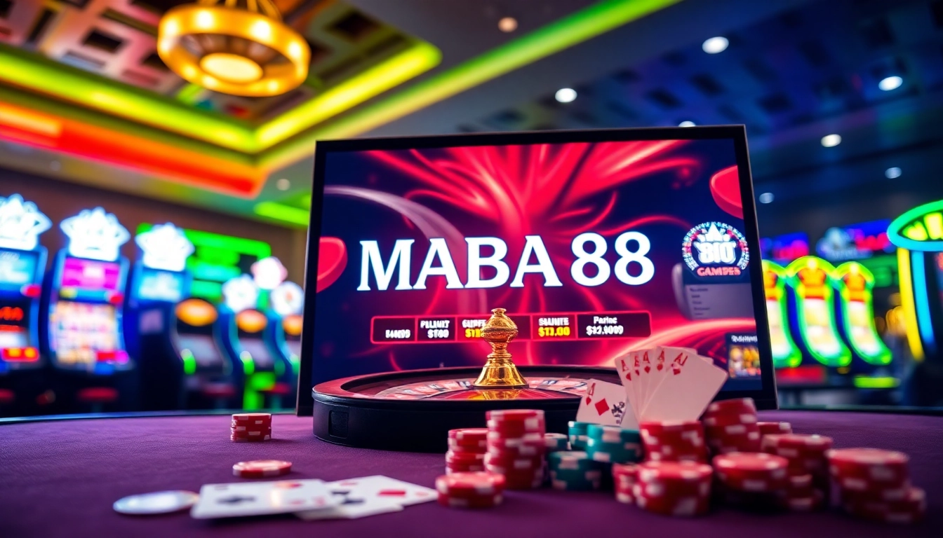 MABAR88 Spin menampilkan adegan kasino yang mendebarkan dengan chip poker, kartu, dan roda roulette.