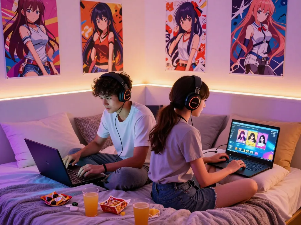 Engaged young gamers playing free sex games on laptops in cozy bedroom.