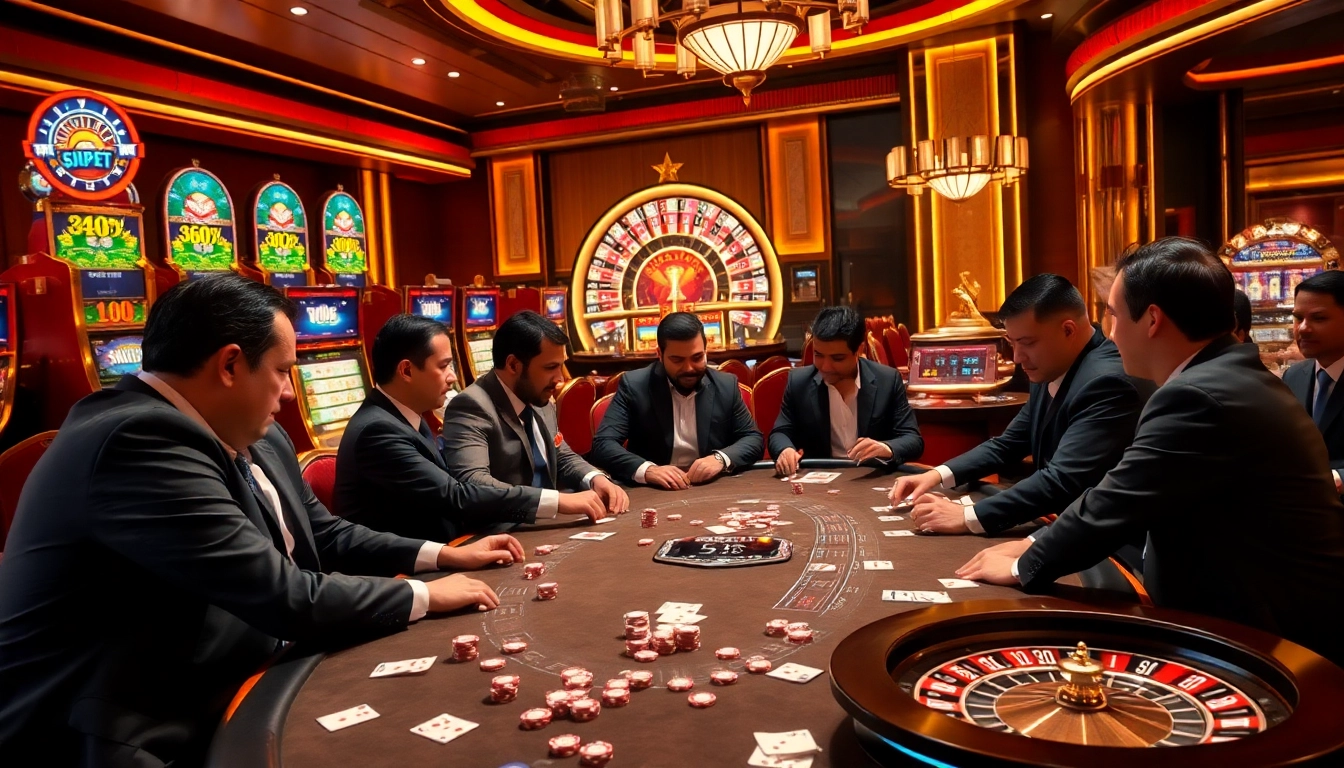 Players engaging in high-stakes poker at a luxurious casino, featuring shbet and vibrant gaming elements.