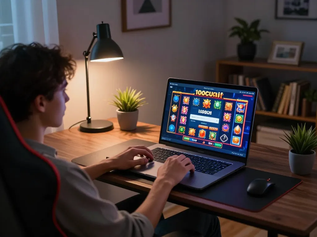 Melibatkan diri dalam pengalaman permainan dalam talian 100cuci slot login dengan permainan slot yang berwarna-warni dipaparkan di skrin komputer riba.