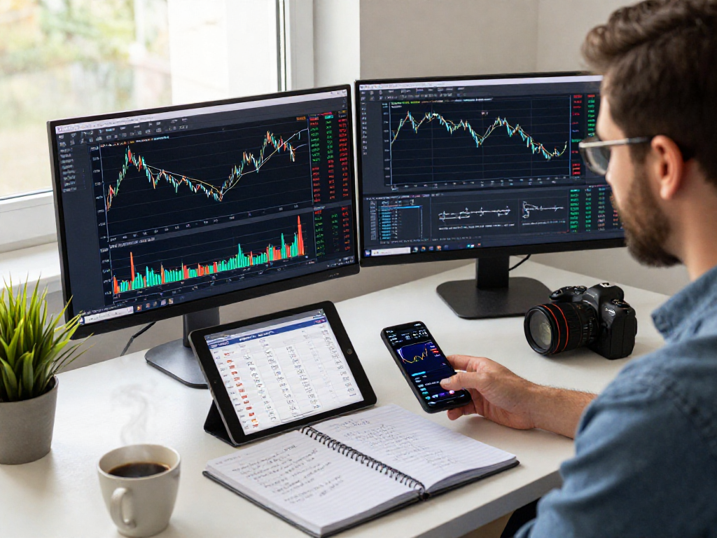 Trader analyzing MetaTrader 5 with multiple screens and economic calendar in a modern workspace