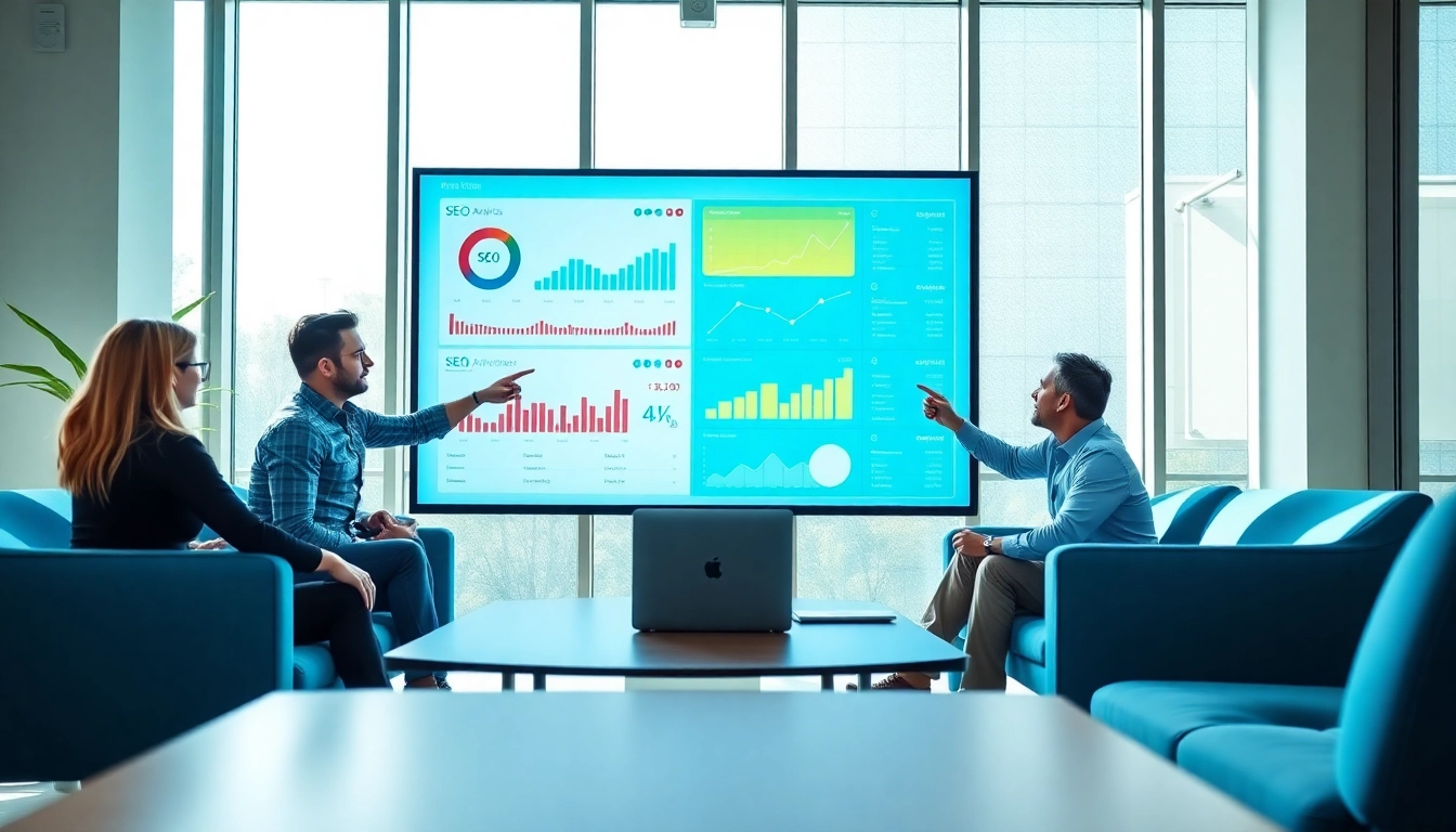 Best SEO company team analyzing data in a bright office environment.