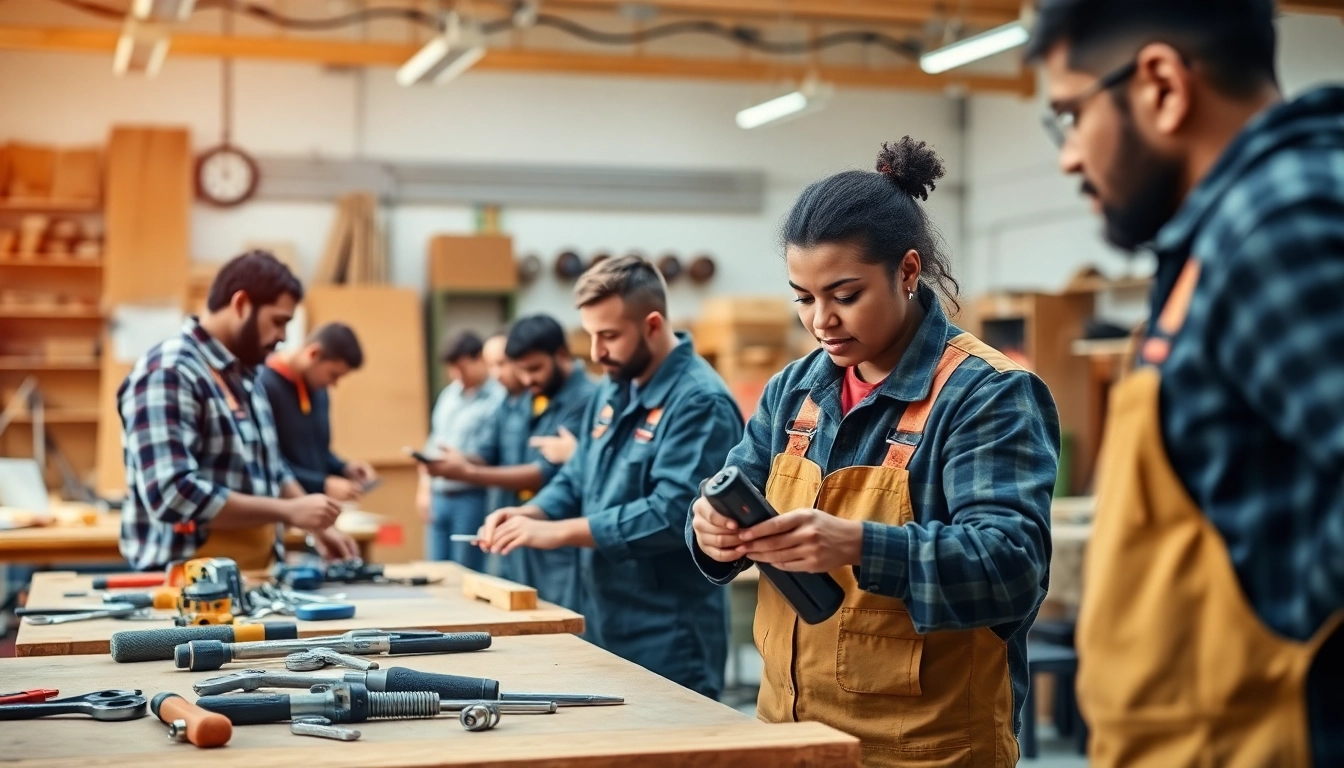 Engaged participants in skilled trades training workshop demonstrating hands-on skills and teamwork.