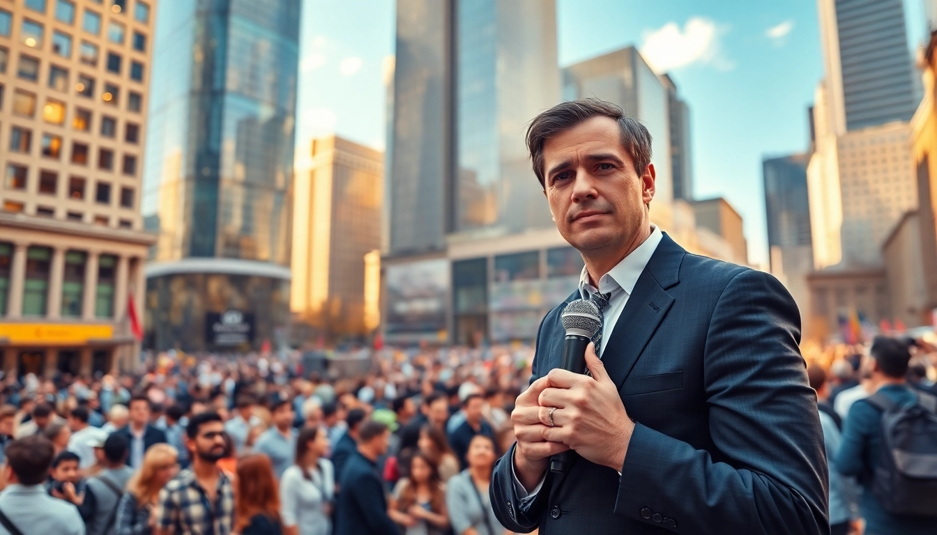 Catch the latest news updates with a professional reporter engaging the crowd in the city.