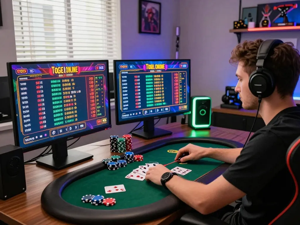 Engaged player analyzing numbers in Togel Online gaming environment, vibrant digital atmosphere.
