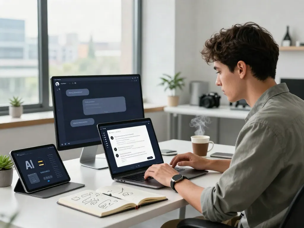 Engaged user exploring an unfiltered AI chat platform in a modern workspace.