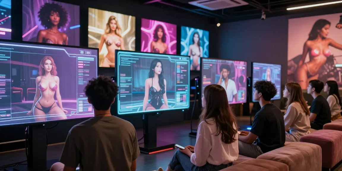 AI porn scene featuring diverse individuals engaging with holographic displays of interactive erotic content in a modern, inviting space.