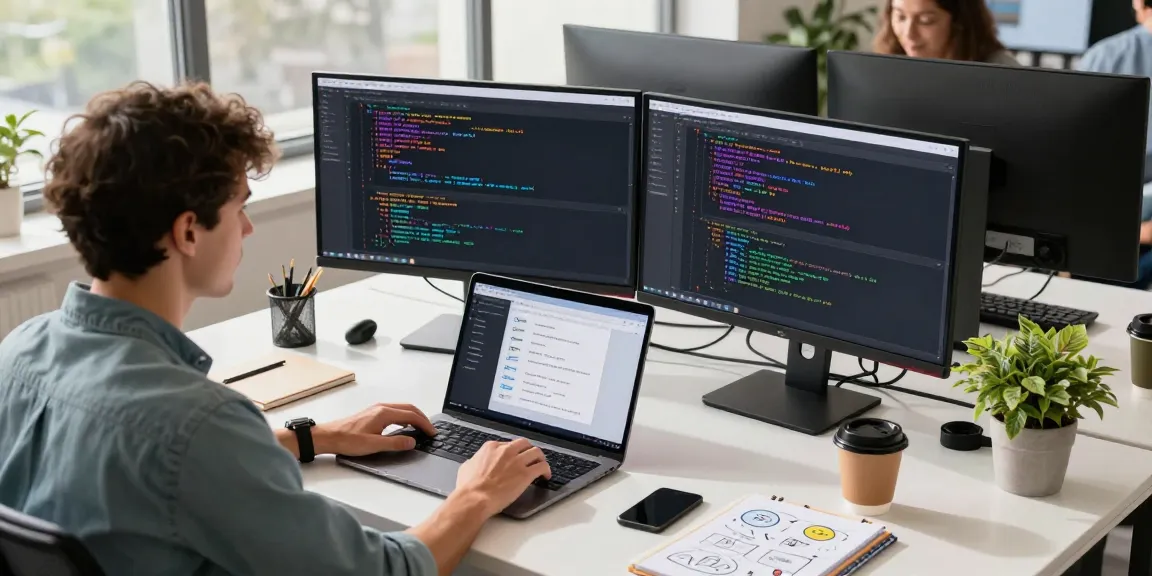 Integrating technology in the office for 纸飞机下载 with a developer coding on multiple screens in a modern workspace.