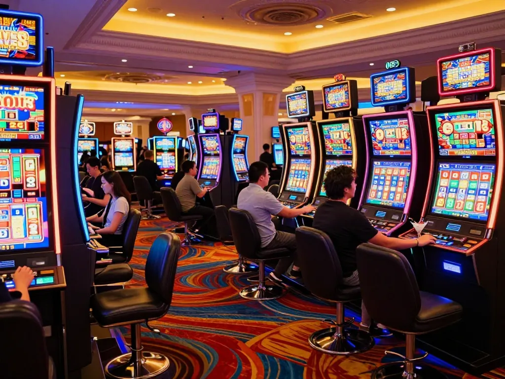 Players engaging with slot machines, vibrant casino atmosphere highlighting excitement and entertainment.