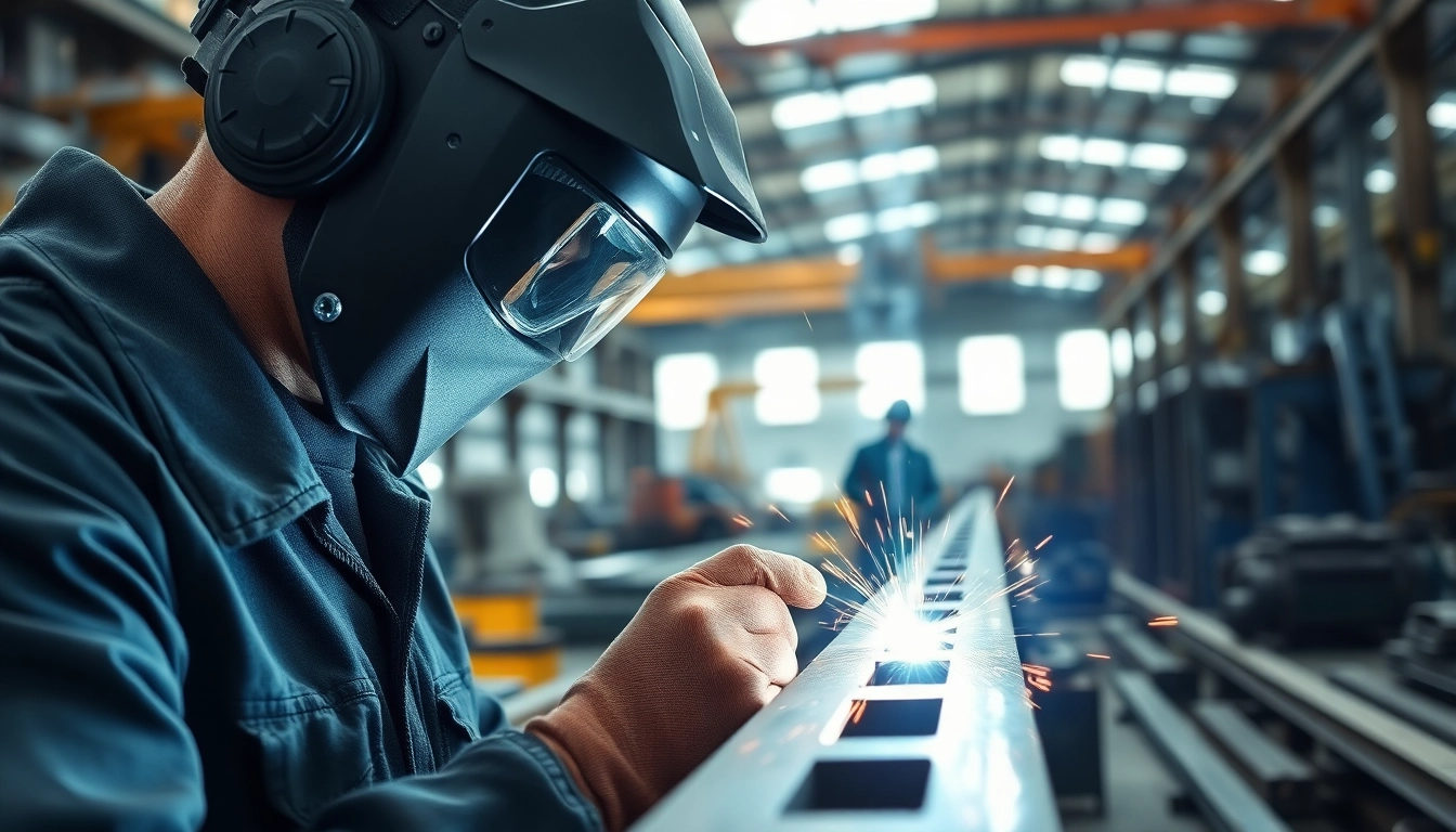 Expert performing structural steel welding on beams in a vibrant industrial setting.
