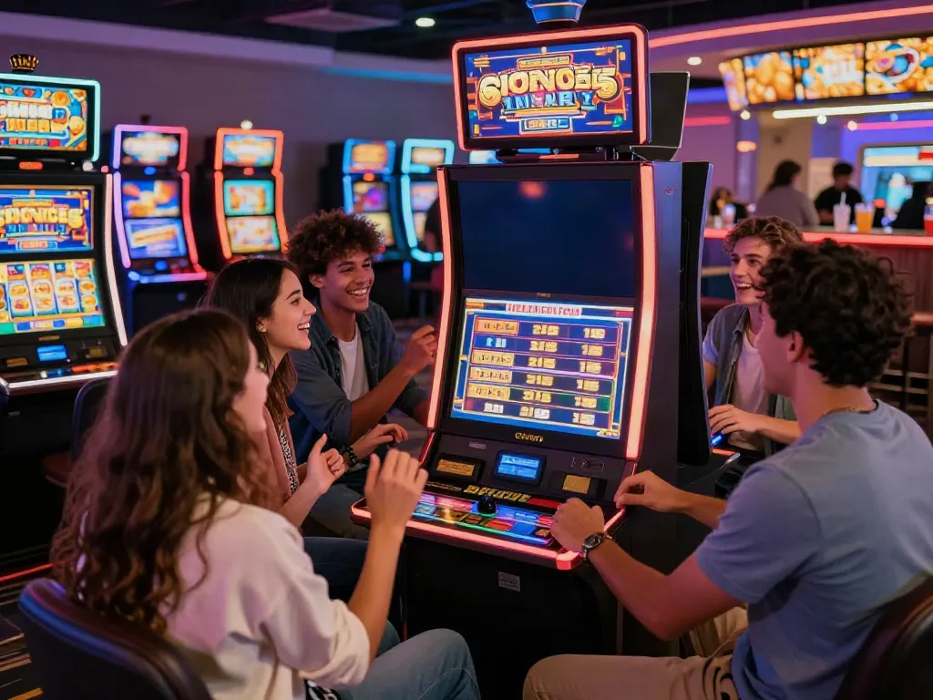 Teman bermain slot777 dengan semangat di arcade modern yang penuh warna.