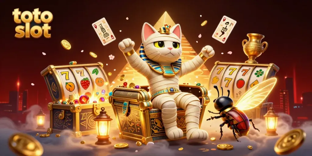 Permainan toto slot dengan kucing mumi 3D dan simbol buah terbang penuh warna.