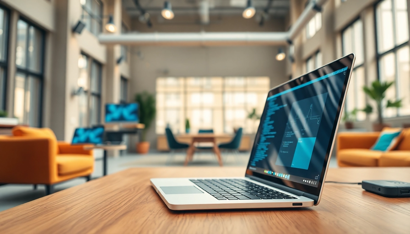 Showcasing Technology in a modern workspace with a laptop and vibrant atmosphere