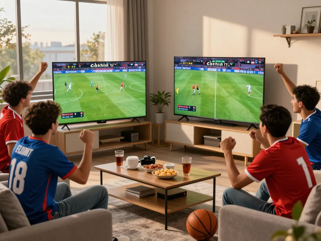 Fans enjoying a live football match on CàkhịaTV in a lively living room with snacks and team spirit.