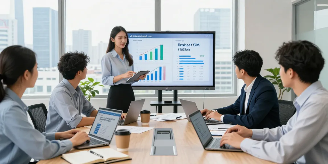 Compare business SIM only deals UK in a modern office setting with professionals collaborating and analyzing data.