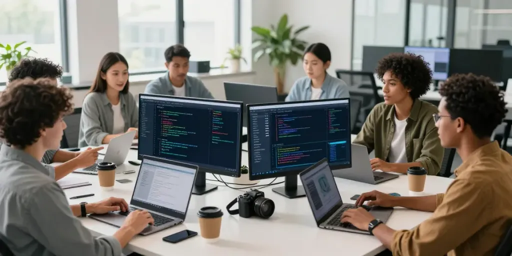 Team of developers discussing emerging technology trends in a bright office.