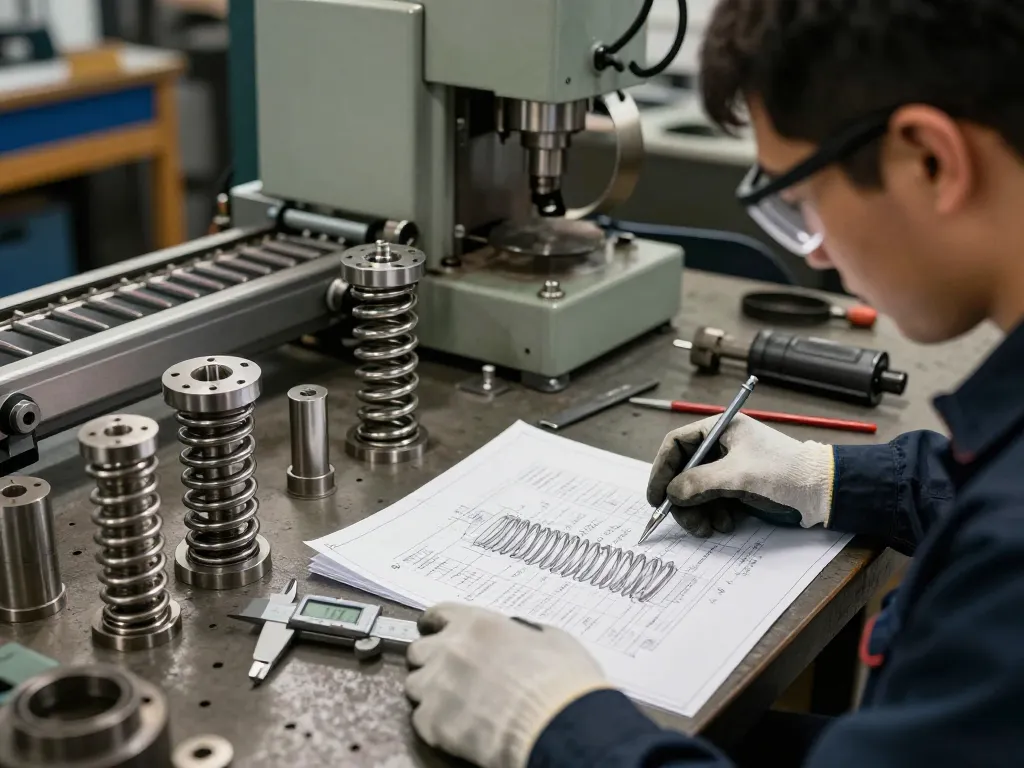 Tehnician inspectând arcuri torsiune într-un atelier industrial aglomerat