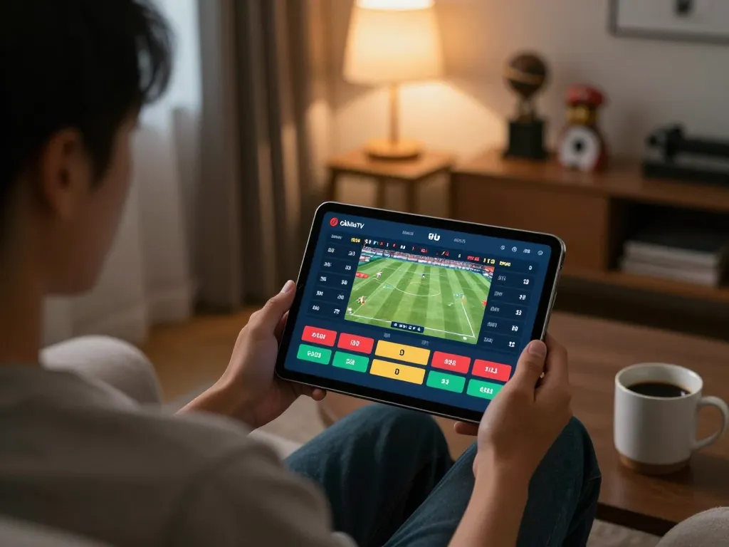 CàkhịaTV user engages in sports betting on tablet in cozy home setting, showcasing live odds and match interface.