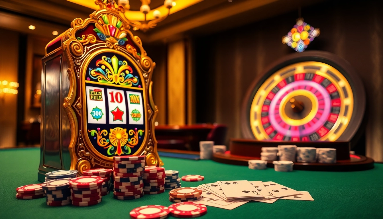 Putar mesin slot depo pulsa yang berwarna-warni di tengah suasana kasino mewah dengan chip poker dan kartu.