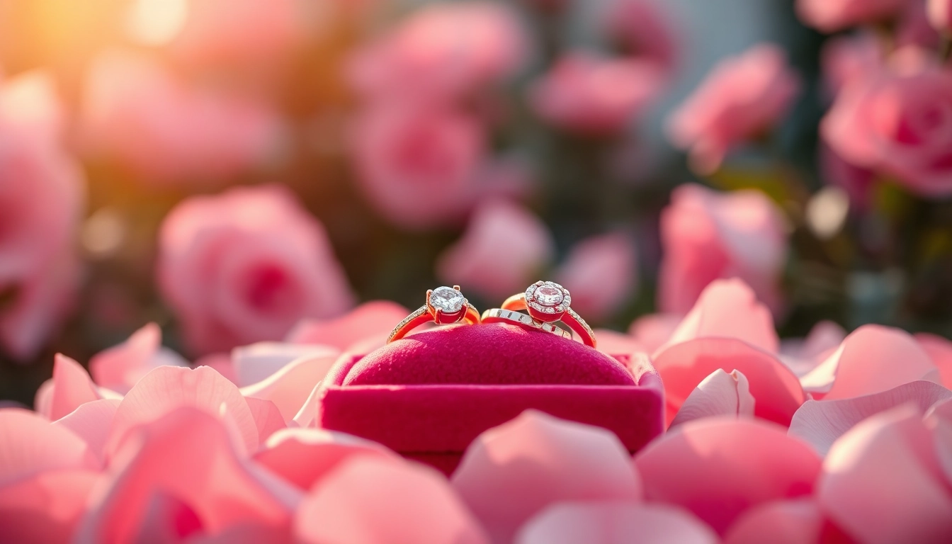 Admire stunning promise rings crafted with elegance, surrounded by delicate rose petals in soft lighting.
