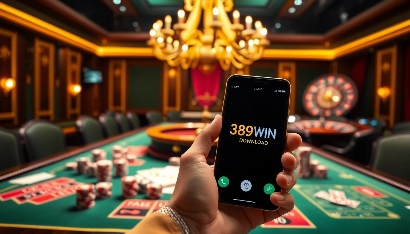 389WIN Download interface displayed on a smartphone amid a vibrant casino scene with cards and dice.
