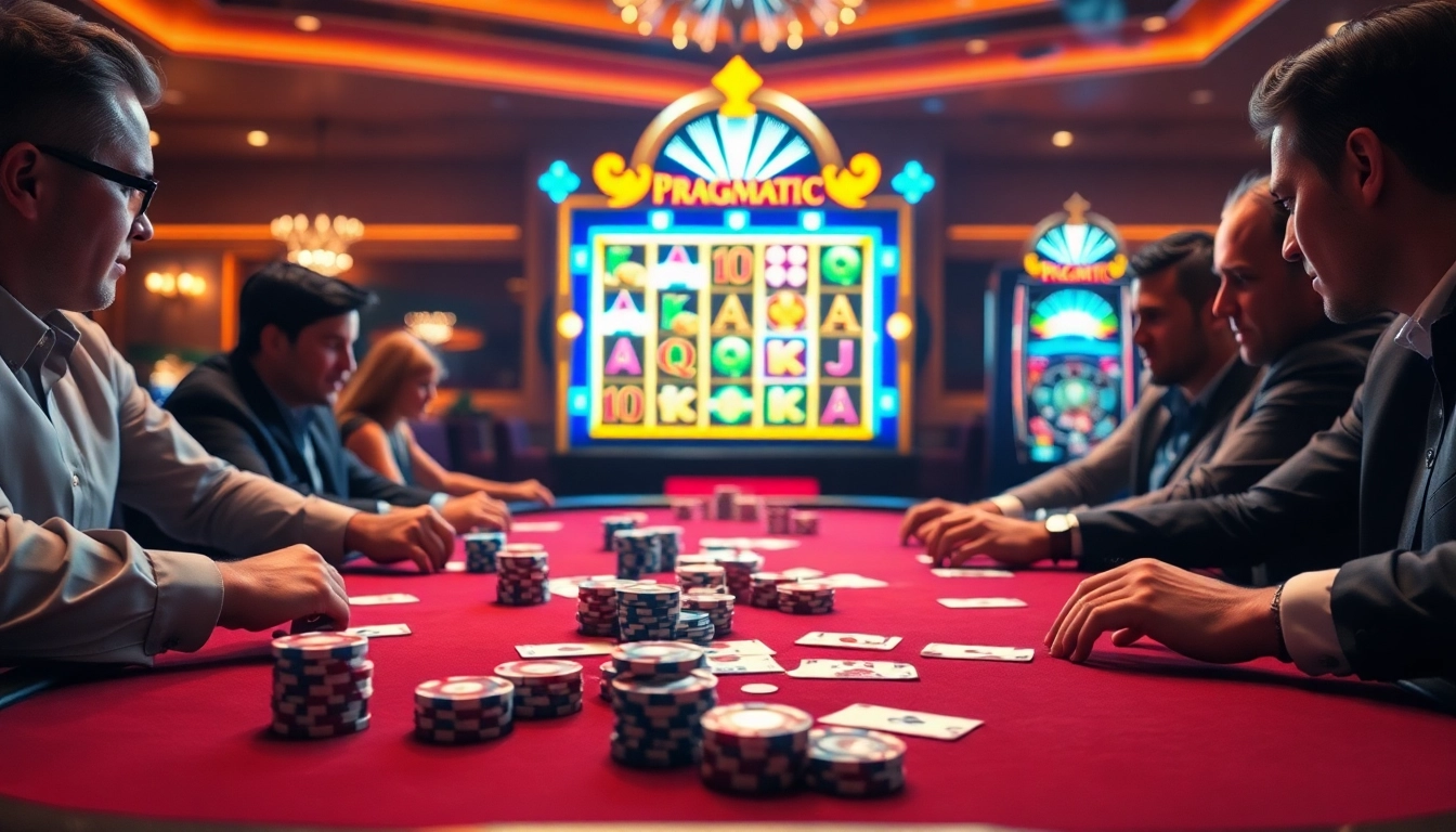 Exciting scene featuring a pragmatic slot machine with poker players at a luxurious casino table.