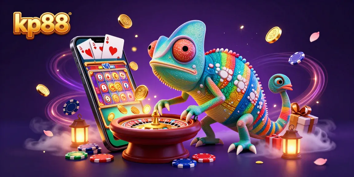 Engage with kp88 for thrilling casino action featuring a chameleon as the colorful owner amidst golden coins, slots, and poker glory.