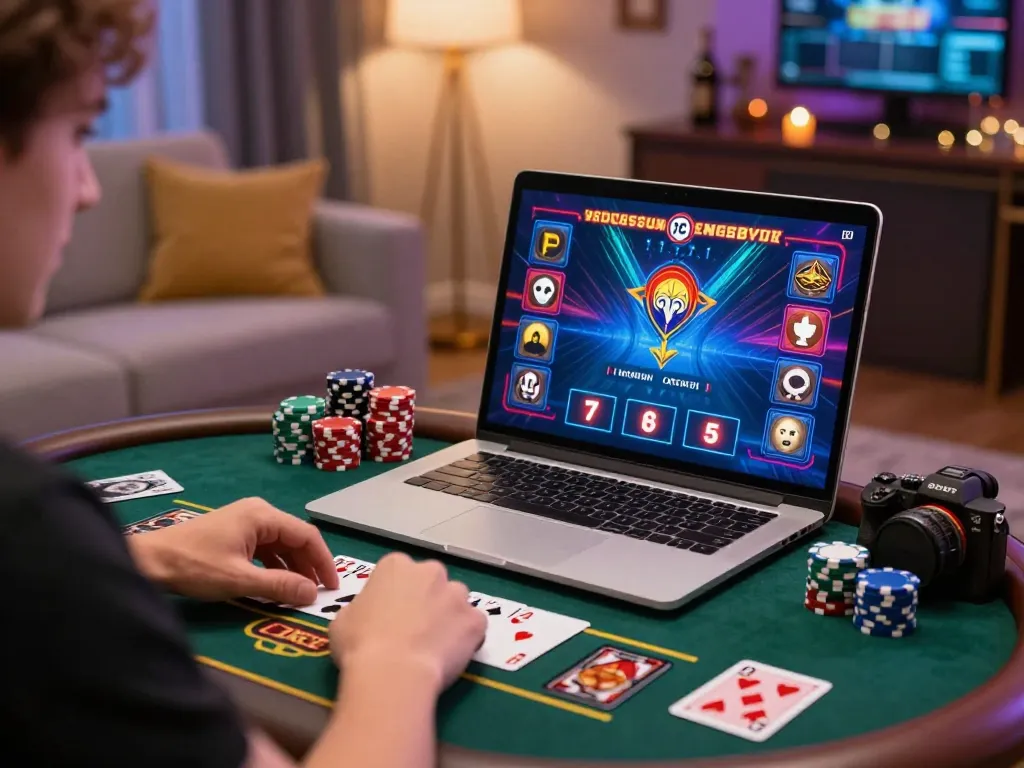 Engaged player at an online baccarat site with vibrant game graphics and cozy setup.