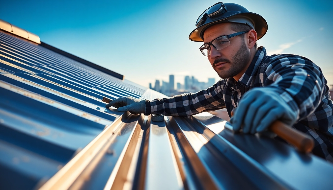 Metal roofing Calgary installation showcasing skilled workers and modern skylines.