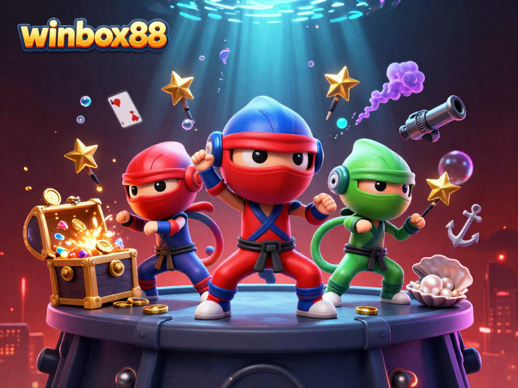Winbox88 ninja chameleon team showcasing synchronized martial arts poses amid vibrant casino elements.