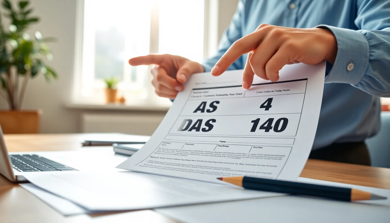 Review contractor completing the DAS 140 form in a bright office, focusing on professionalism.