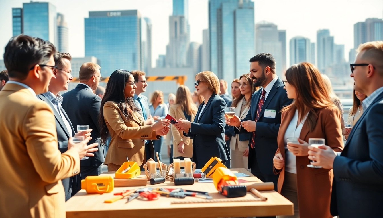 Networking at construction networking events showcasing professionals exchanging ideas in a vibrant setting.