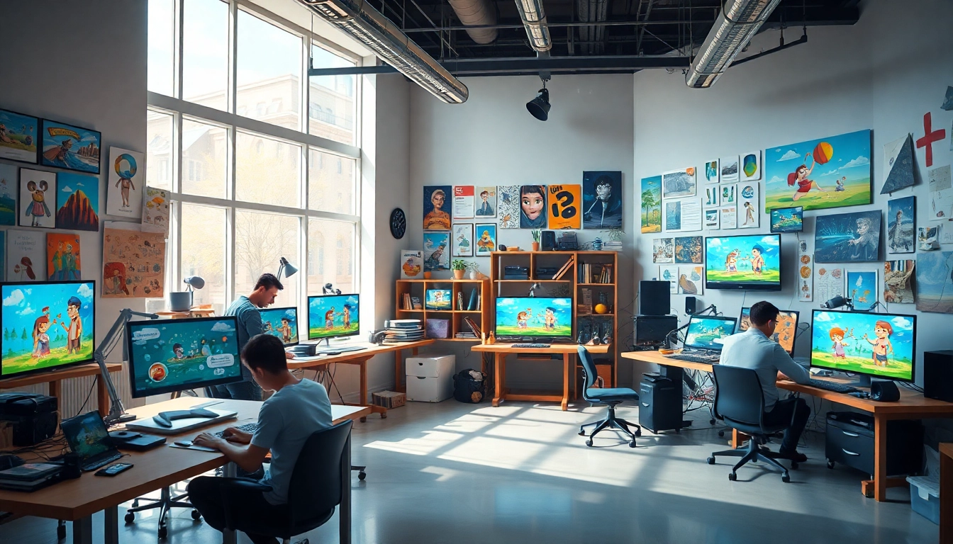 Animationsagentur kreatives Arbeitsumfeld mit Künstlern, die an animierten Projekten arbeiten.