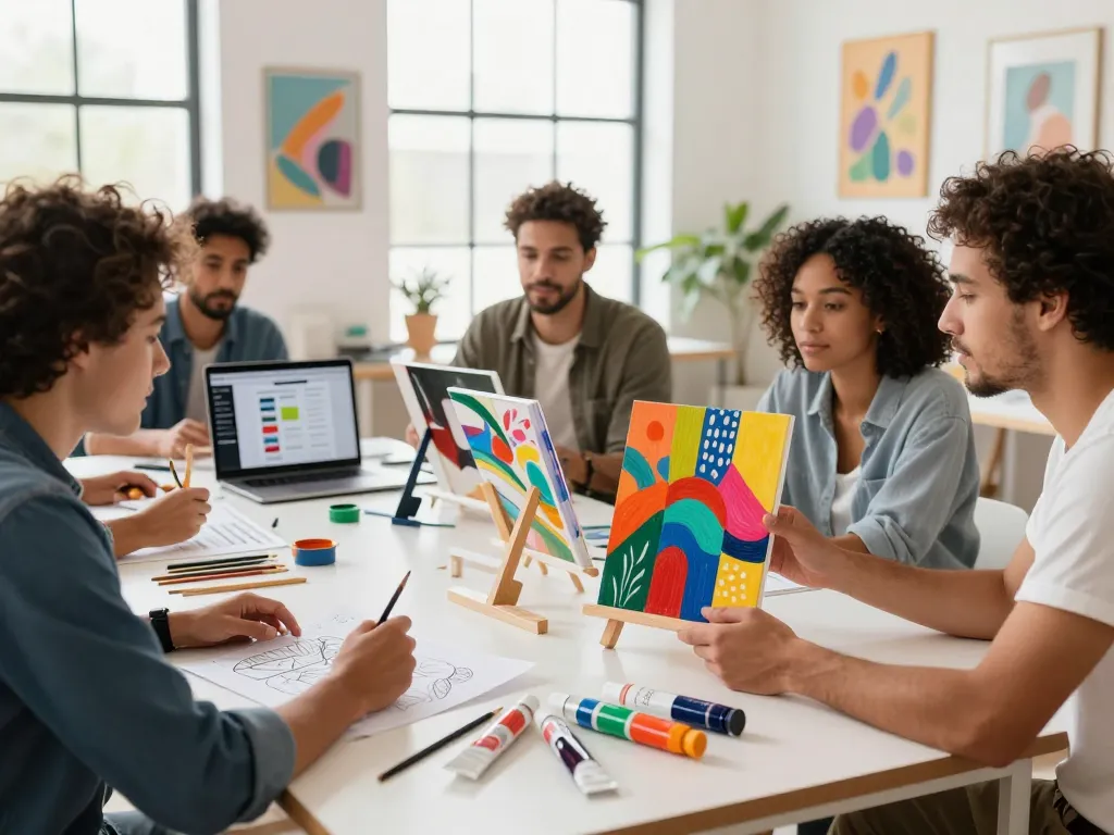 Group of artists collaborating on vibrant custom acrylic stand designs in a bright studio.