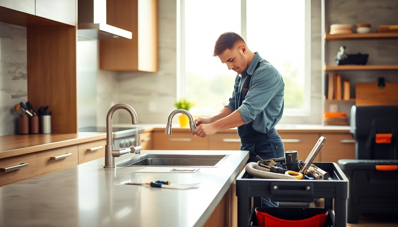 Skilled plumber near me repairing a kitchen sink with professional tools.