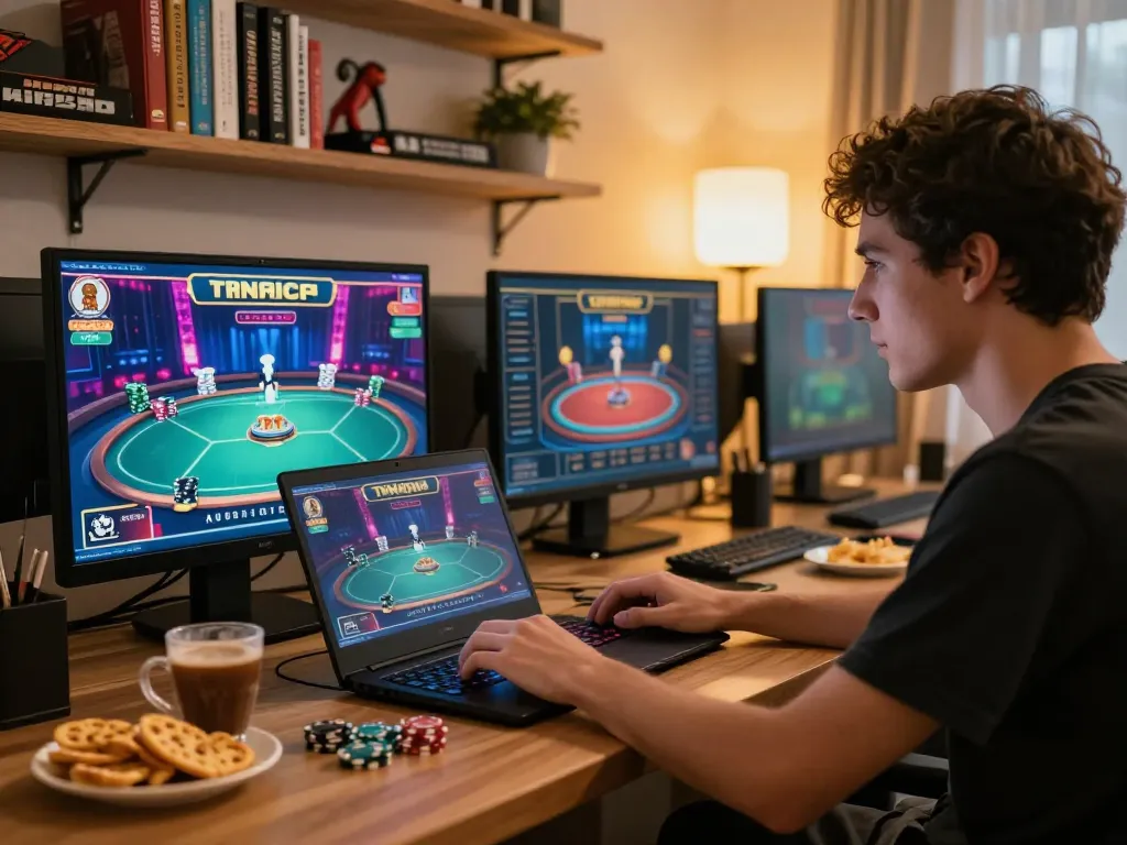 Engaging player immersed in casino online americani action on laptop in cozy home environment
