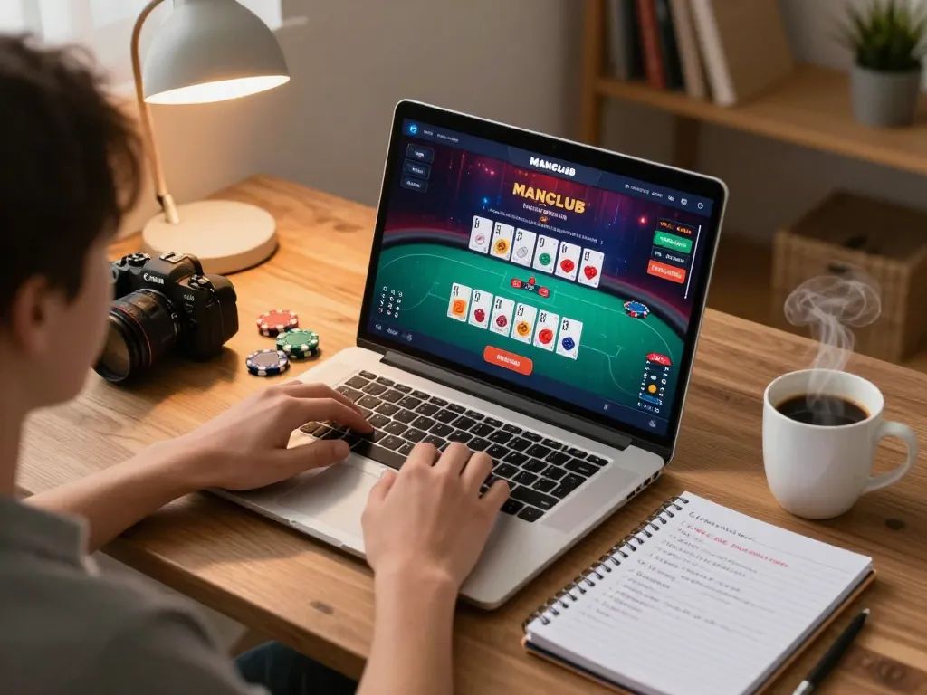Engaging poker gameplay on MANCLUB's platform displayed on a laptop with strategic notes nearby.