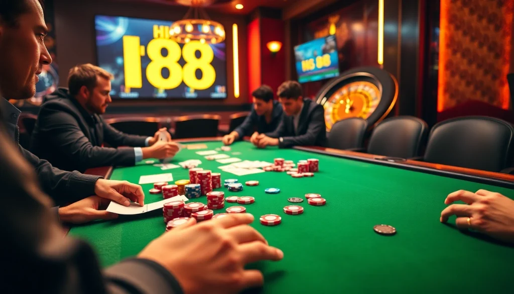 Hi 88 poker players strategizing with chips and cards in an exciting casino atmosphere.