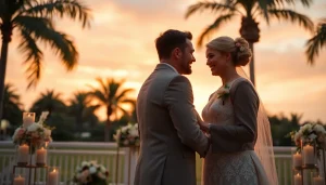 Tampa wedding videography capturing a couple's romantic exchange during sunset.