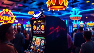 Permainan batman138 slot dengan mesin slot berwarna cerah di kasino yang ramai.