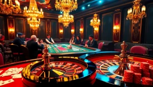 KJC casino enthusiasts engaged in an exciting poker game at a lavish table, showcasing vibrant chips and cards.