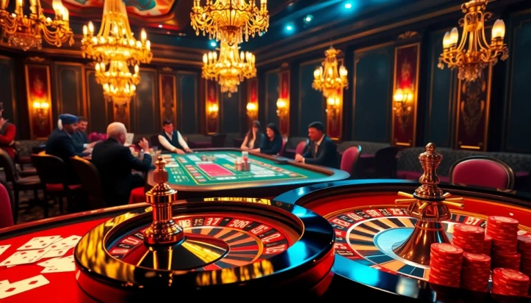 KJC casino enthusiasts engaged in an exciting poker game at a lavish table, showcasing vibrant chips and cards.