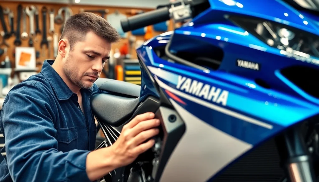 In der Motorradtechnik analysiert ein Techniker sorgfältig eine Yamaha in einer glänzenden Werkstatt.