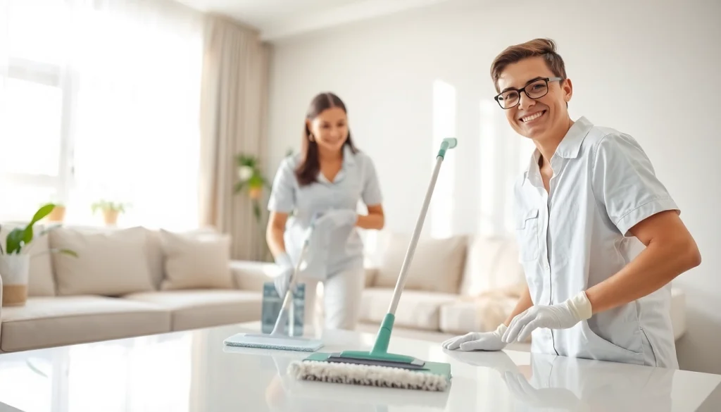 Cleaning Service team efficiently tidying a welcoming living room space.