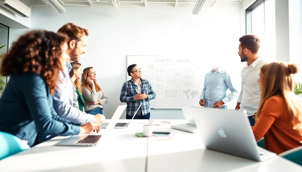 Engaged professionals collaborating on small business jobs in a modern office setting.