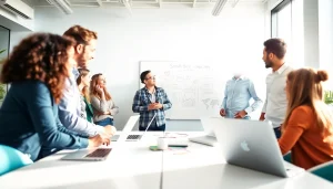 Engaged professionals collaborating on small business jobs in a modern office setting.