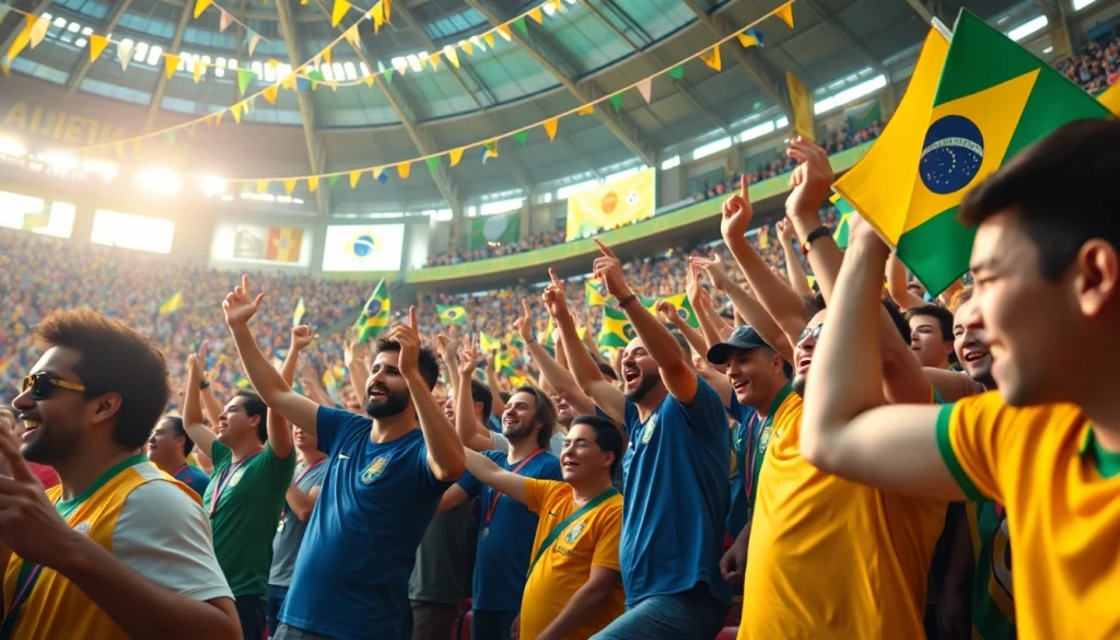 Engaging crowd celebrating sports betting Brazil with festive decorations in a vibrant stadium.