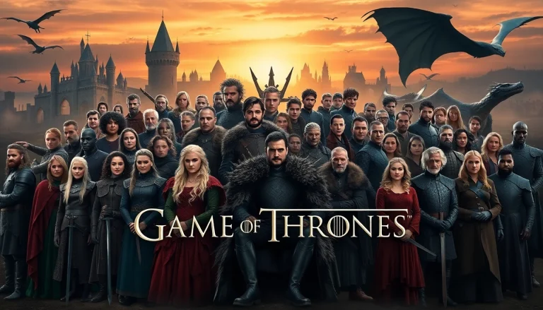 The Game of Thrones cast showcasing iconic characters in a vibrant promotional scene.