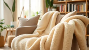 Bekijk fleece stof die elegant over een armstoel is gedrapeerd in een gezellige woonkamer.