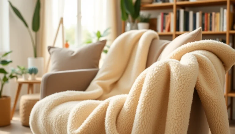 Bekijk fleece stof die elegant over een armstoel is gedrapeerd in een gezellige woonkamer.